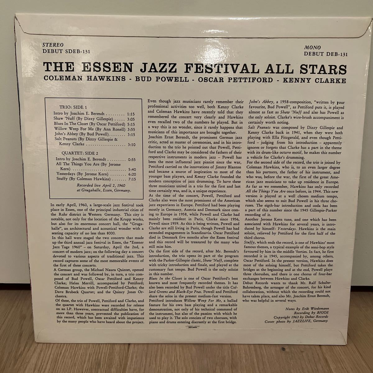 デンマーク原盤 debutオリジナル coleman hawkins bud powell kenny clarke deb-131 LP レコード essen jazz festival all starsの画像2