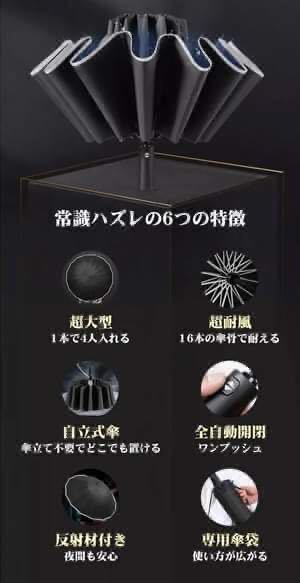 【緊急値下☆未使用新品】高身長の方でも足元が濡れない。子供3人で同じ傘に収まる！風にも強い！折りたたみ傘！化粧箱付き黒ワンタッチ_優れた点6つ