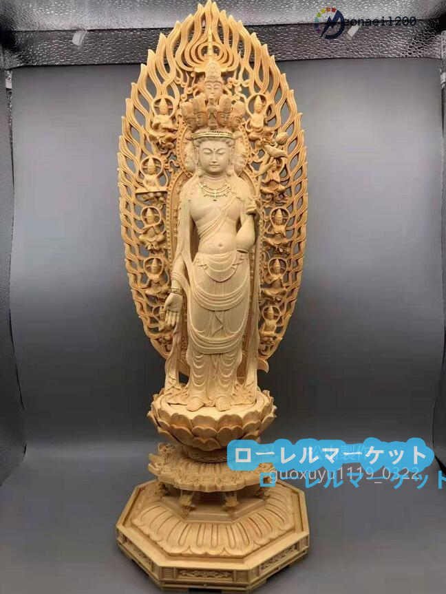 品質検査済 木彫仏像 最新作 高さ38cm 仏教美術 金箔 総檜材 精密細工 十一面観音菩薩立像 切金 仏像
