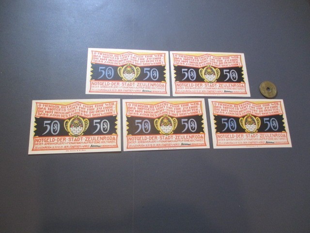 未使用　ドイツ地方紙幣　ツォイレンローダ市　1921年　絵入コレクター用　50ペニヒ5枚_画像2