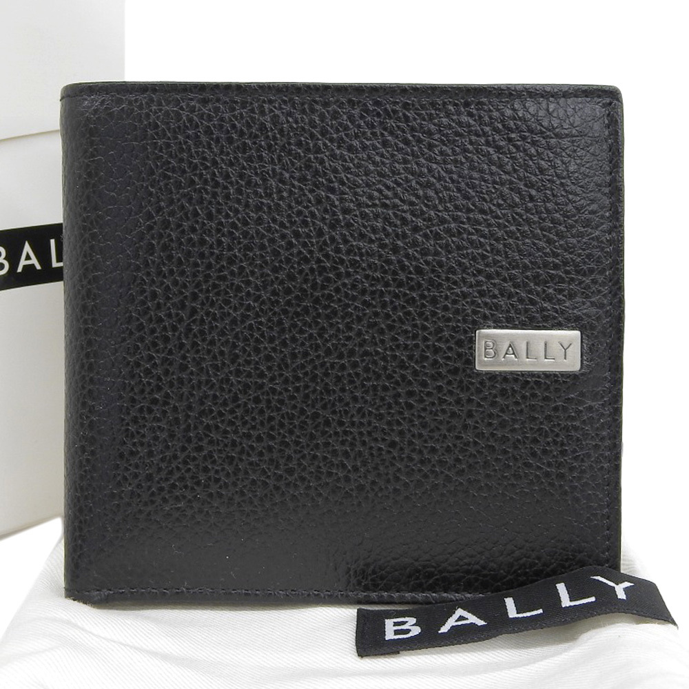【本物保証】 箱・布袋付 新品同様 バリー BALLY ロゴ入り 二つ折り財布 レザー ブラック 黒 シンプル