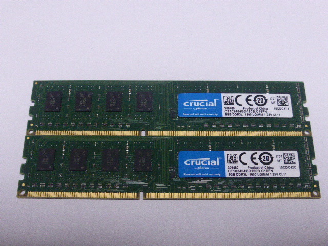 メモリ デスクトップパソコン用 低電圧 1.35V Crucial DDR3L-1600 PC3L-12800 8GBx2枚 合計16GB 起動確認済みです_画像1