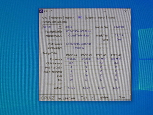 メモリ デスクトップパソコン用 低電圧 1.35V Crucial DDR3L-1600 PC3L-12800 8GBx2枚 合計16GB 起動確認済みです _画像6