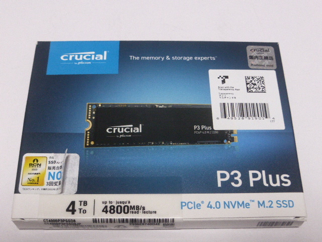 Crucial P3 Plus SSD M.2 NVMe Type2280 Gen 4x4 4000GB(4TB) 電源投入回数3回 使用時間0時間 正常100% CT4000P3PSSD8JP 中古品扱いです_画像1