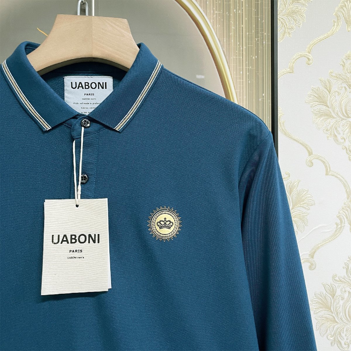 ★★高級EU製＆定価4万◆UABONI*Paris*POLOシャツ*ユアボニ*パリ発◆高級リネン/麻生地 薄手 長袖 ポロシャツ クラウン ゴルフ M/46サイズ_画像8