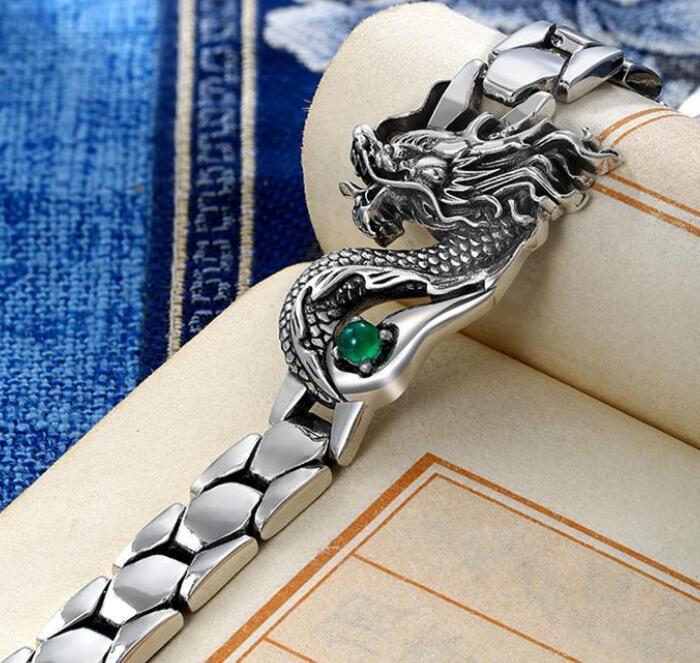 925銀腕時計緑の宝石竜トーテムブレスレット付き装飾_画像5
