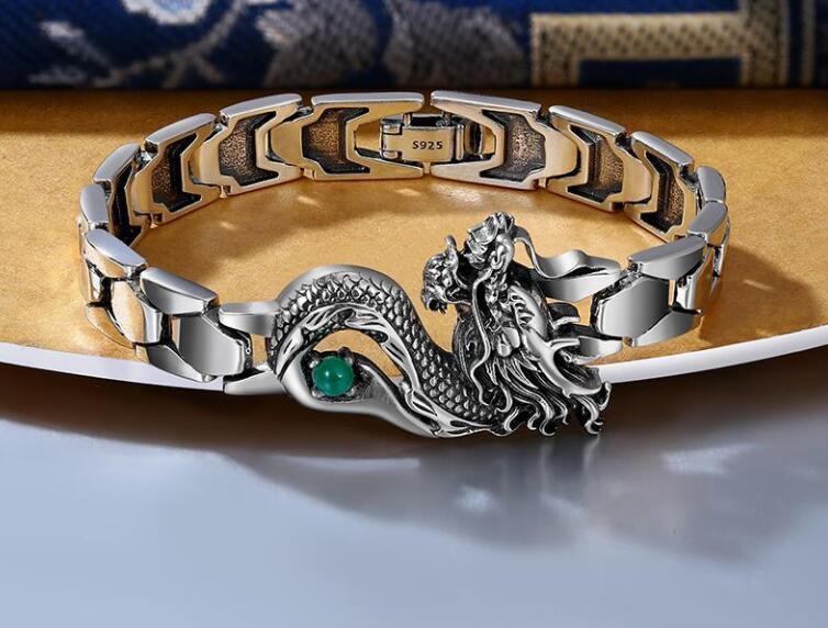 925銀腕時計緑の宝石竜トーテムブレスレット付き装飾_画像1