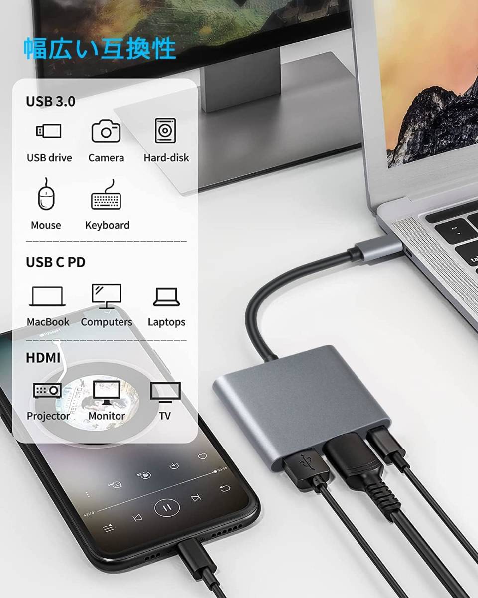 USB Type C to HDMI 3 in 1 USB C ハブ ４K 解像度 hdmiポート+USB 3.0ポート+USBタイプC急速PD充電ポート usb タイプc 変換アダプタ H138_画像7