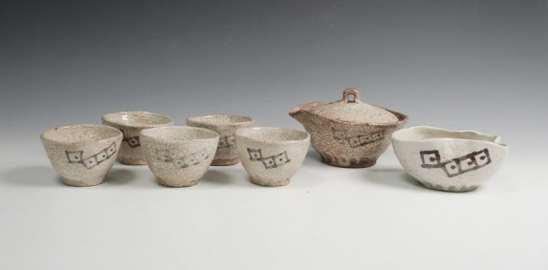 加藤麦岱 作 絵志野煎茶器 急須 湯呑 煎茶道具 保証品_画像1