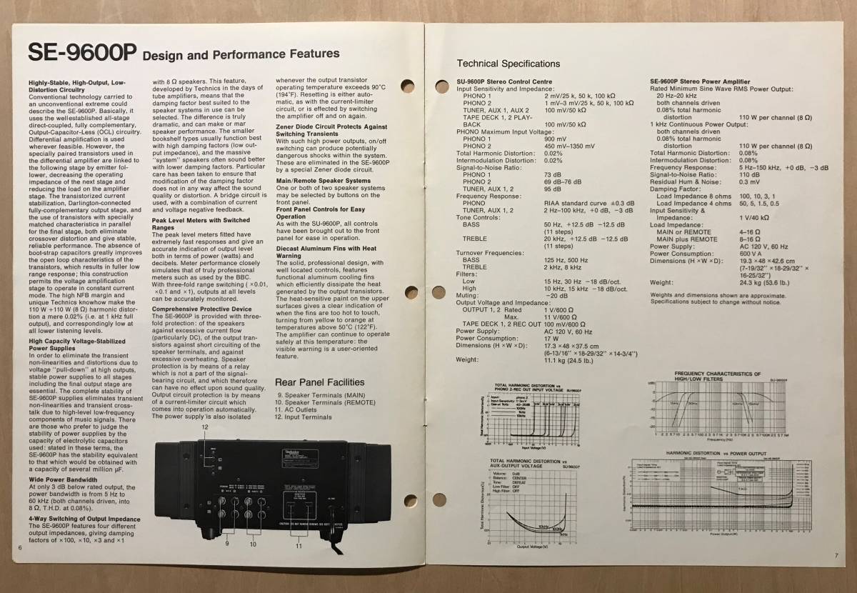 ★レア！ 「 Technics SU-9600P / SE-9600P カタログ 」 テクニクス 海外版（英字） 古い稀少なカタログ　Printed in Japan_画像5