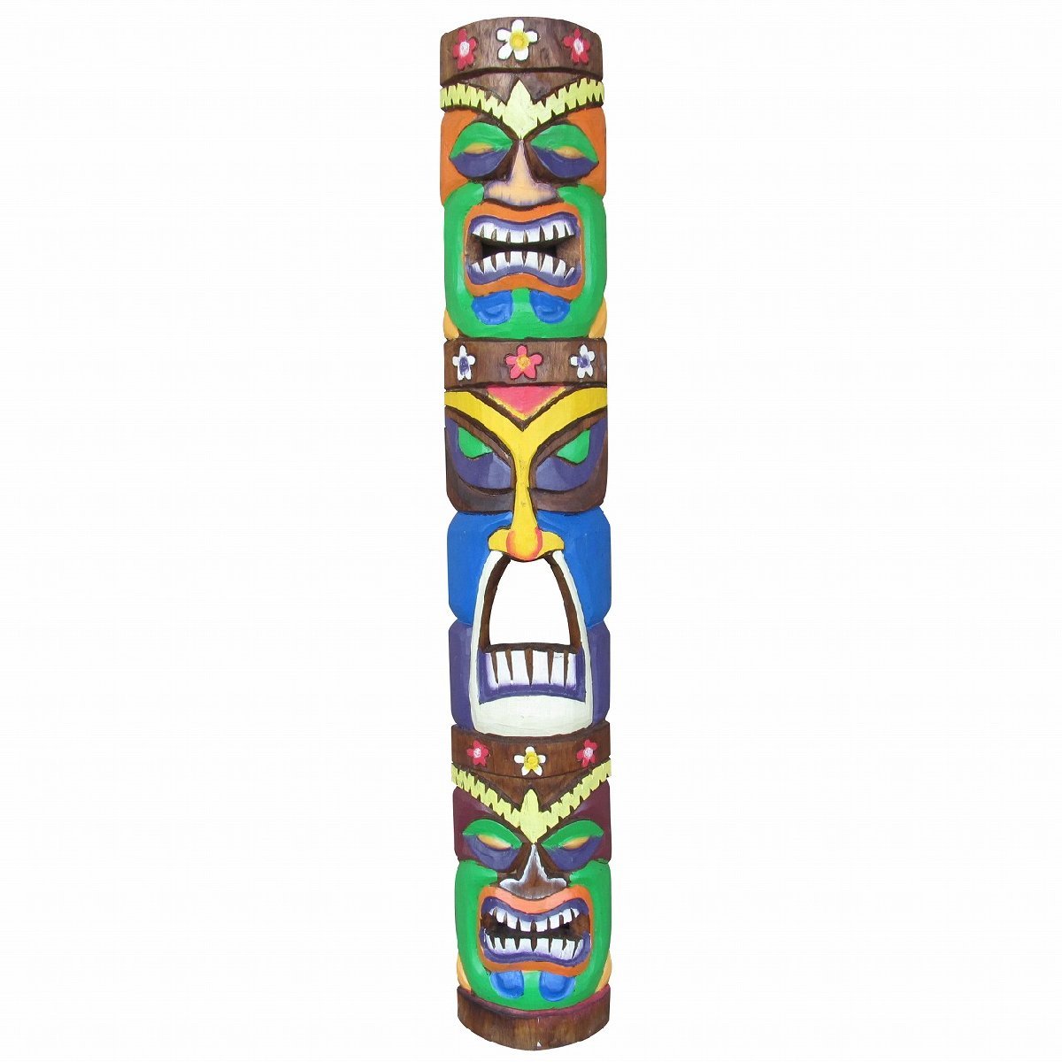ティキの木彫りのカラフルレリーフ Tiki 1m 木製 ハワイアン雑貨 エスニック 壁掛け ティキのお面 ティキマスク 350480