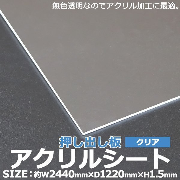 アクリルシート アクリル板 押し出し板 約横2440mm×縦1220mm×厚1.5mm 無色透明 原板 アクリルボード 押し出し製法 ボード クリア_画像1