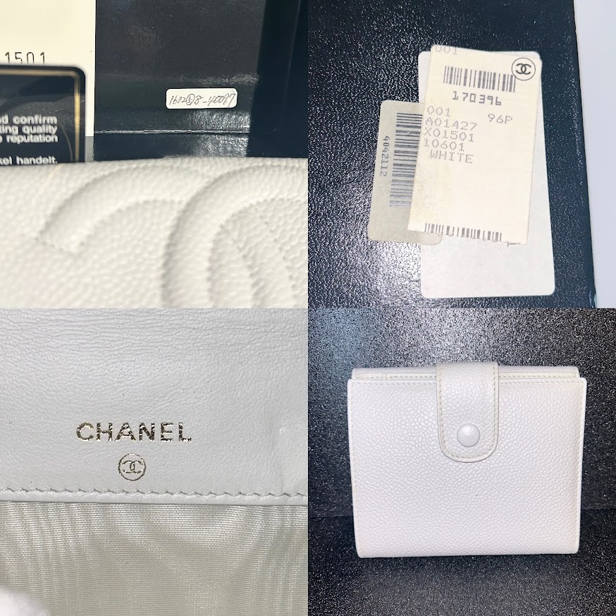 ☆1円～☆ CHANEL シャネル キャビアスキン 二つ折り 財布 Wホック 希少 ホワイト ココマーク レザー 廃盤 ギャランティカード 箱入り☆_画像4