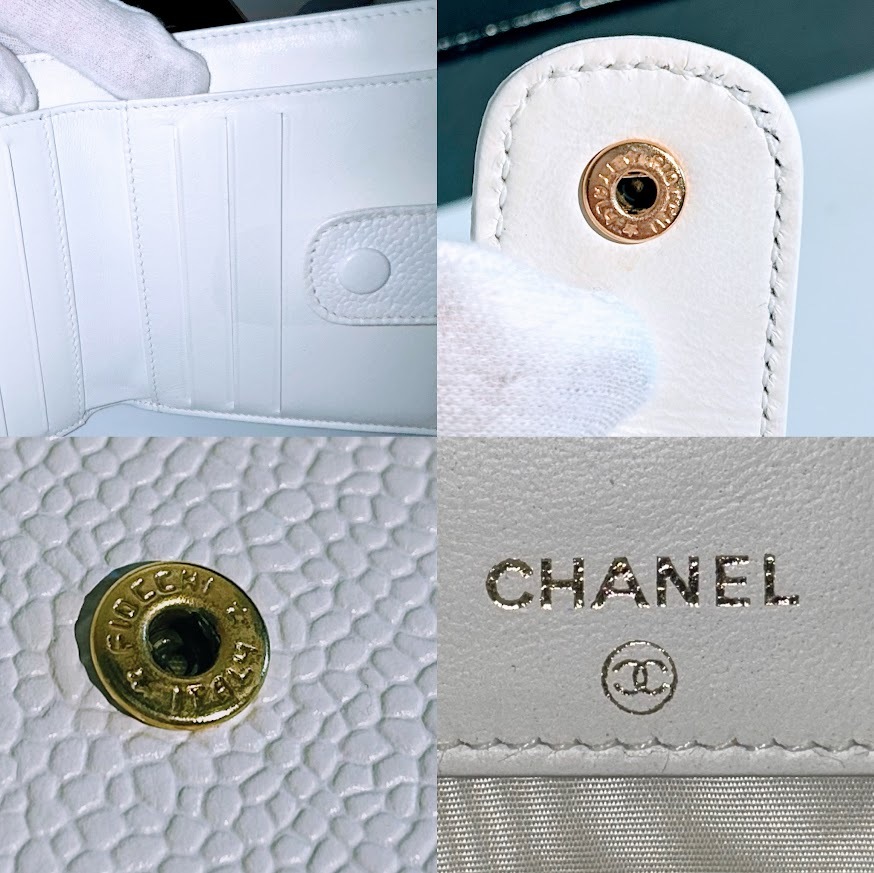 ☆1円～☆ CHANEL シャネル キャビアスキン 二つ折り 財布 Wホック 希少 ホワイト ココマーク レザー 廃盤 ギャランティカード 箱入り☆_画像5