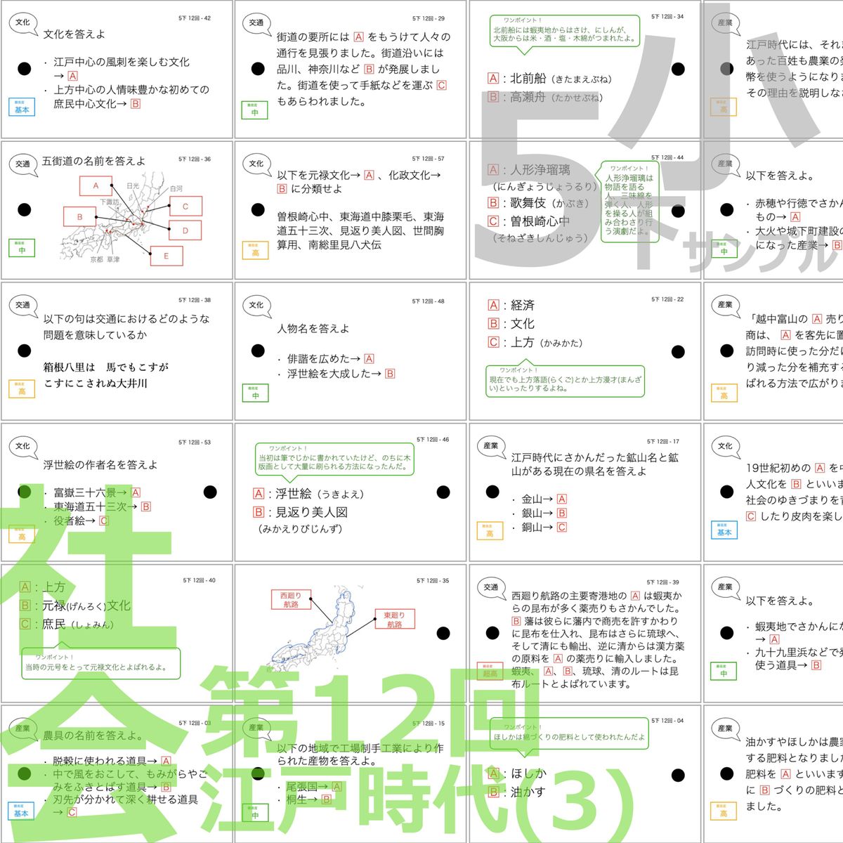 中学受験　暗記カード【5年下 セット 社会 歴史11-18回】予シリ 組分け対策