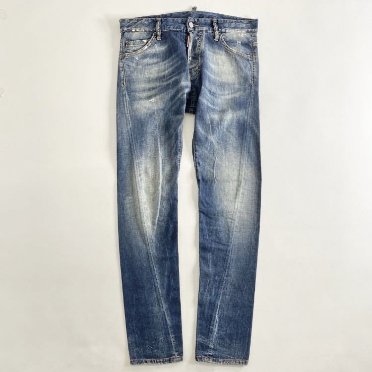 ◯ 72L7 DSQUARED2 ディースクエアード ツイストデニムスキニーパンツ 46 インディゴ ペイント加工 ジーンズ DENIM