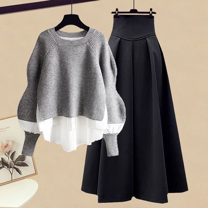 セーターとスカートの２点セット★新品☆大きいサイズ☆グレーの重ね着風＆黒のシンプルAラインスカート☆_画像1