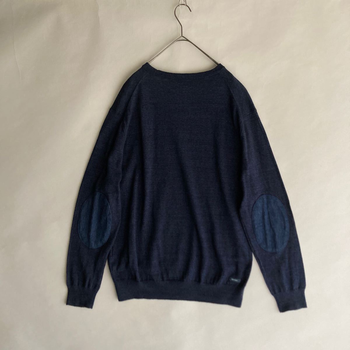 【美品】19SS SOPHNET. ELBOW PATCH CREW NECK KNIT 日本製 ソフネット エルボーパッチ クルーネック ニット インディゴ size XL_画像2