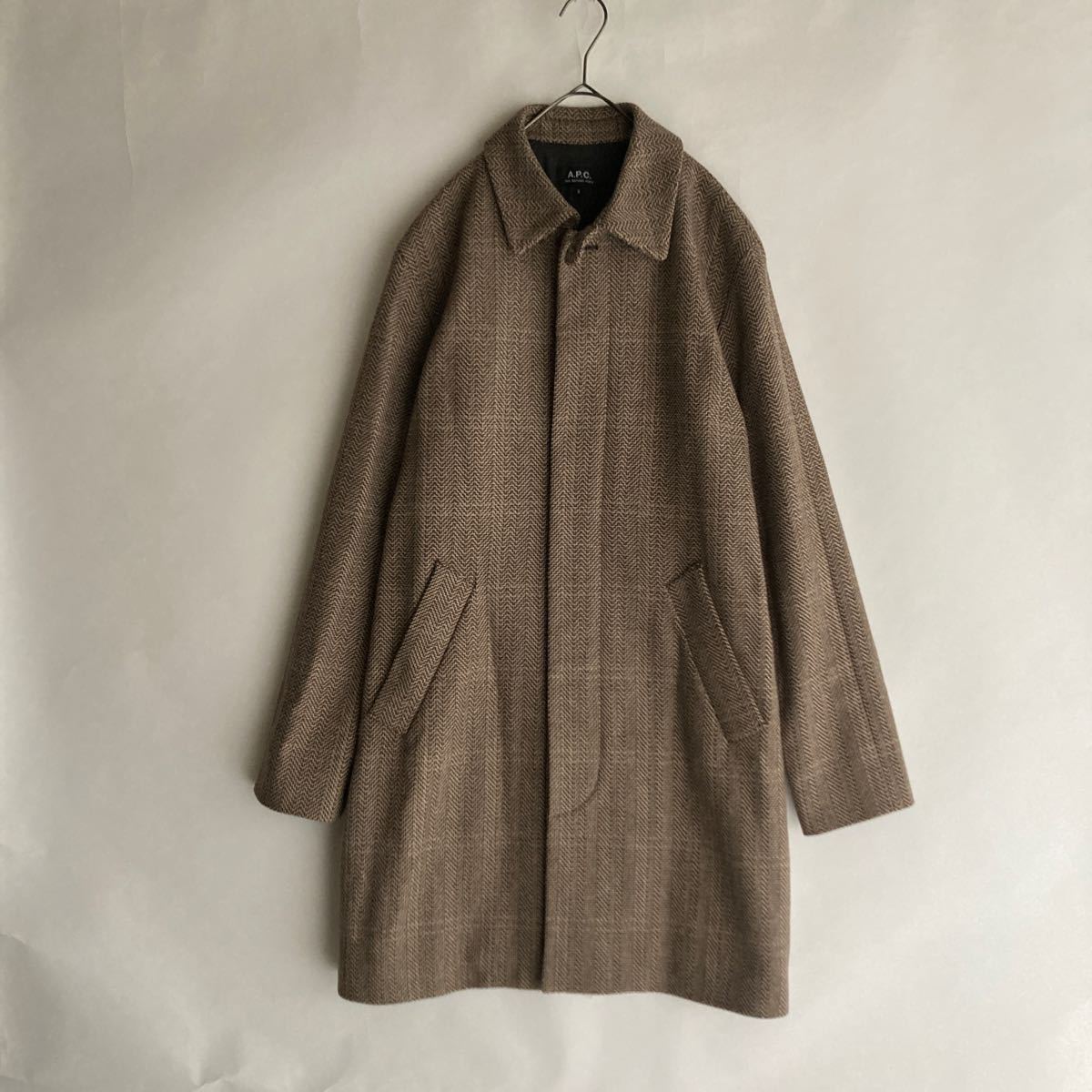 A.P.C. アーペーセー バルカラー コート ウール ヘリンボーン ステンカラー 比翼仕立て アウター ブリティッシュ モカ系 size S sk_画像1