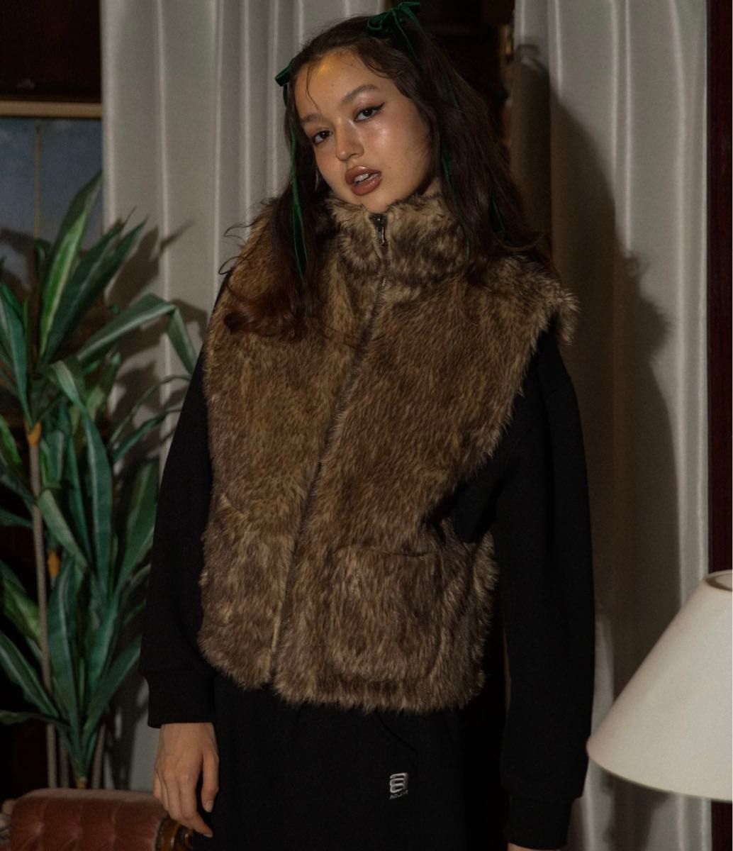 ACLENT 2way stand collar fur vest