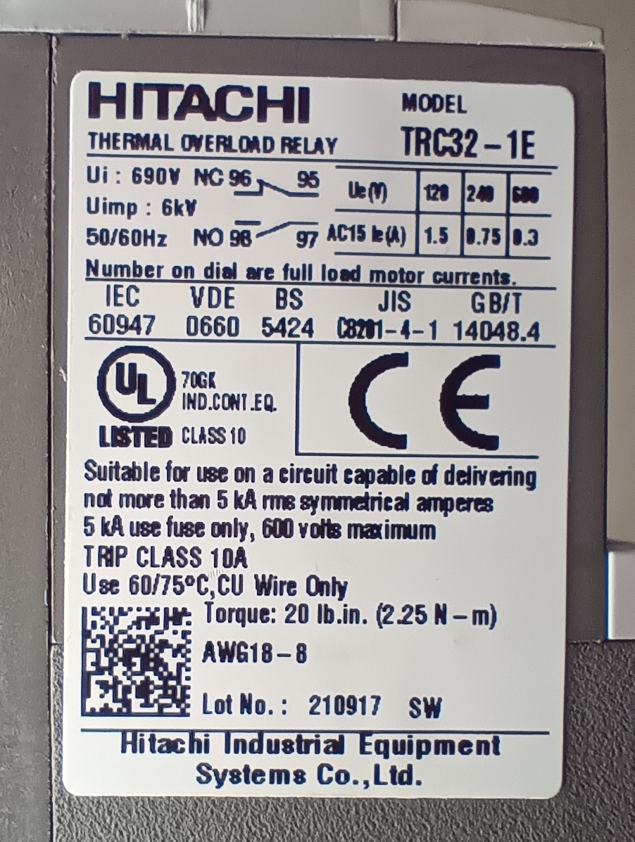 HITACHI HC20-T TRC32-1E　Electroｍagnetic Switch AUX:1a1b COIL:AC200V 50/60Hz RC:15A(12-18A) Trip Class:10A 未使用_画像4