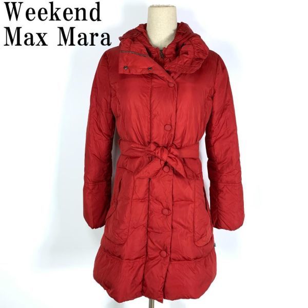 LA9207 ウィークエンドマックスマーラ 中綿ロングコート 赤ダークレッドWeekend Max Mara ウエスト紐付き 裏地あり フード取り外し可能 38