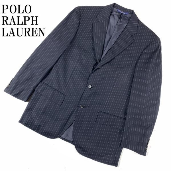 LA9371 ポロラルフローレン テーラードジャケット 黒ブラック ストライプ柄POLO RALPH LAUREN ネーム刺入り 裏地あり ウール100％_画像1