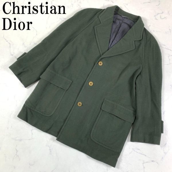 LA9791 クリスチャンディオール チェスターハーフコート 緑モスグリーン系Christian Dior ウール100％ カシミヤ混 裏地あり M