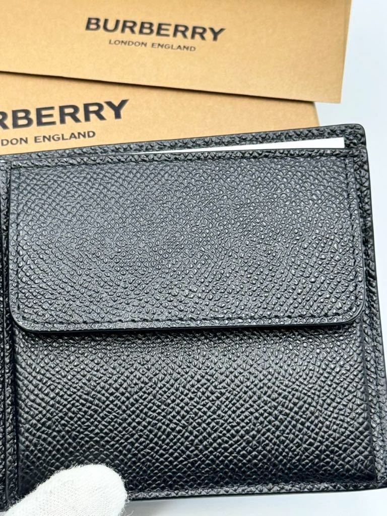 未使用品 バーバリー 二つ折り財布 グレイニーレザー インターナショナル バイフォールド 小銭入れ付き コインウォレット ブラック メンズ
