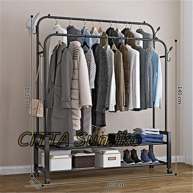  popular commodity convenience practical goods * total length 125CM hanger rack 2 step moveable shelves height withstand load coat hanger storage shelves steel shelves Western-style clothes .. stylish white 