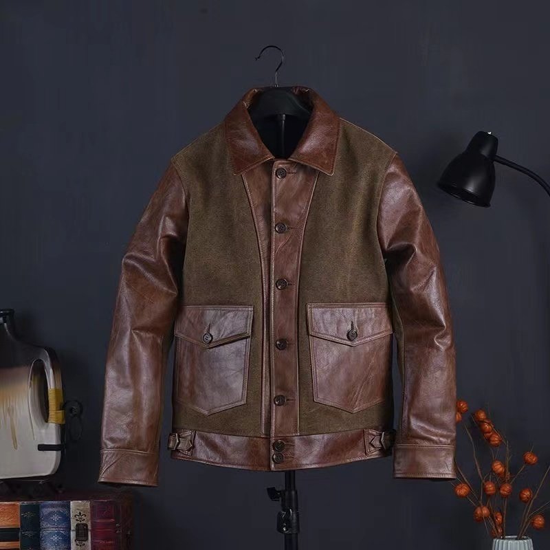メンズアメリカンレトロオイルワックスキャンバスジョイント牛革レザージャケットジャケット M~3XL