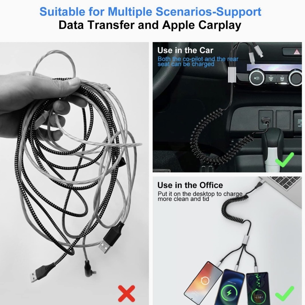 充電ケーブル 3in1 ライトニングケーブル Apple Carplay ケーブル & MFi 認証 iPhone充電ケーブル 2.4A充電と高速データ転送ケーブルの画像5