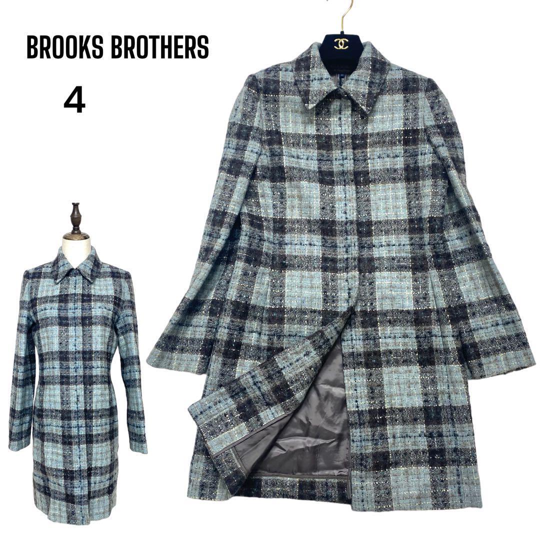 美品　BROOKS BROTHERS　ブルックスブラザーズ　ツイード　ロングコート　モヘア・アルパカ混　4　LLサイズ　レディース　大きいサイズ