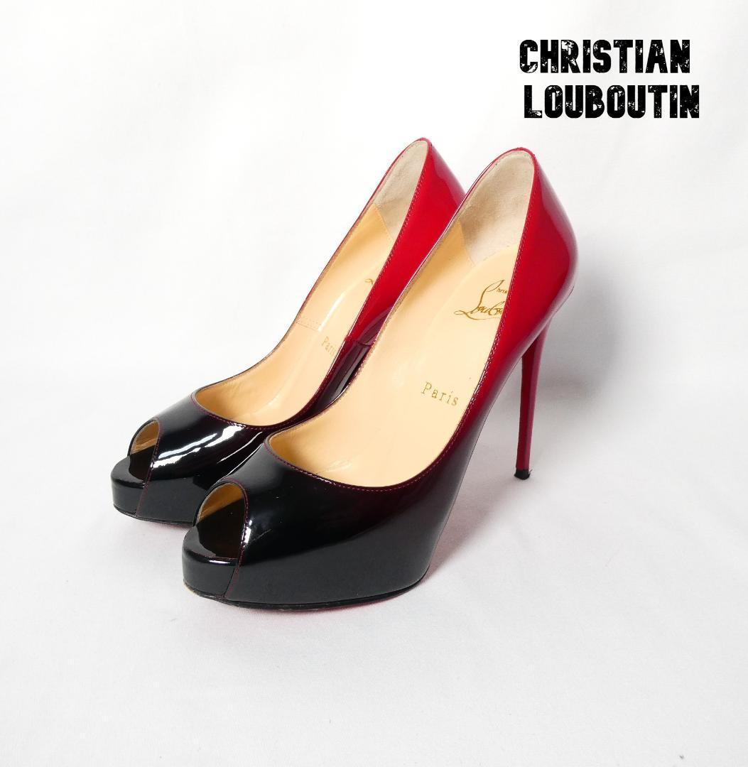 美品 Christian Louboutin クリスチャンルブタン グラデーション エナメル オープントゥ ハイヒール パンプス 35.5 約22.5㎝ 赤 黒 A2658