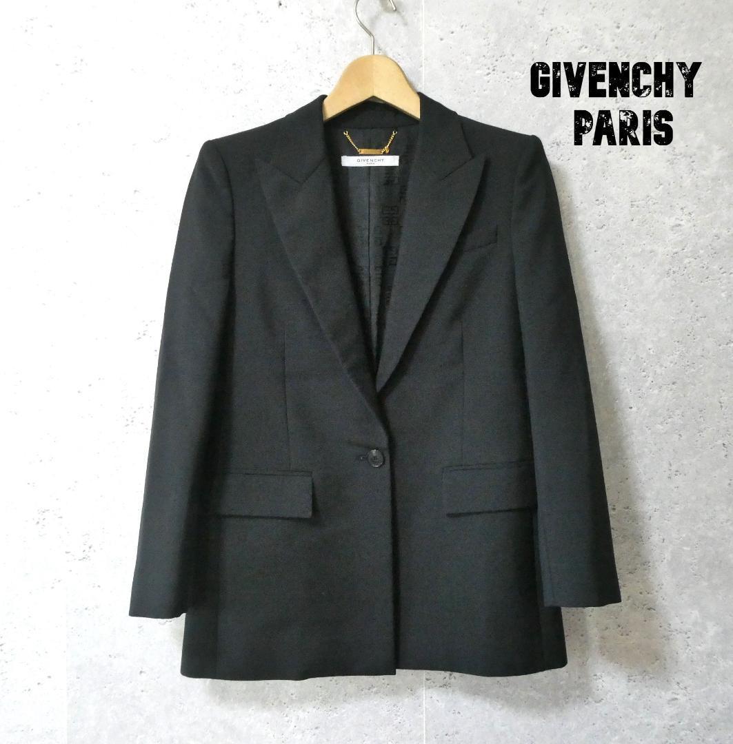 美品 GIVENCHY ジバンシィ モヘヤ×ウール 裏地総柄 シングル 1B テーラードジャケット 34 黒 ブラック A2592