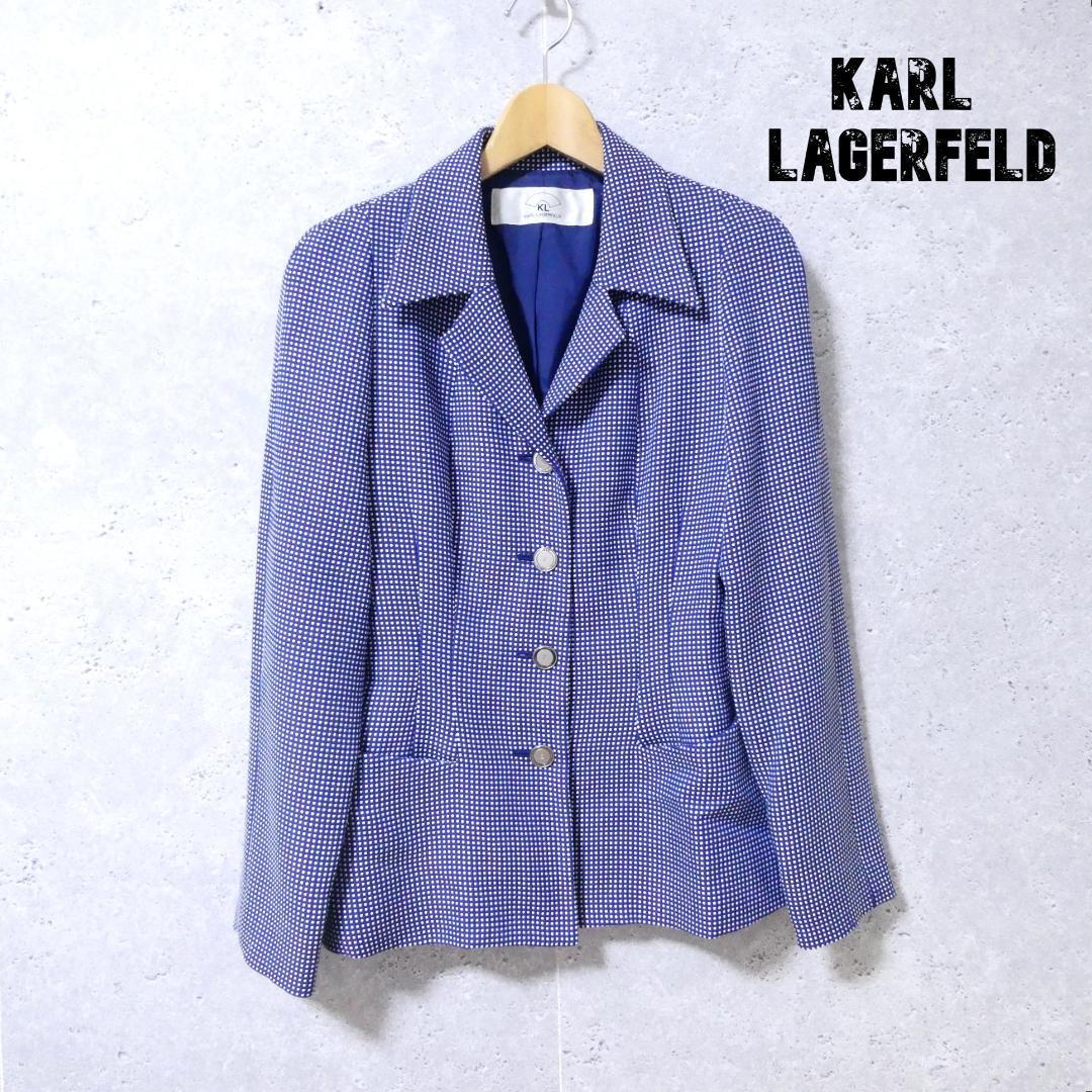 美品 KARL LAGERFELD カールラガーフェルド ドット柄 シングル 4B テーラードジャケット 36 青 ブルー×ホワイト A2607