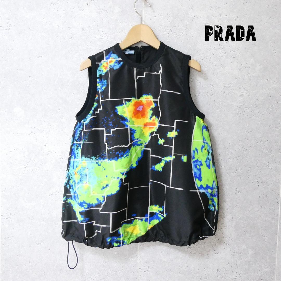 美品 PRADA プラダ 気象レーダー柄 シルク100％ ドローコード ノースリーブ クルーネック プルオーバー ベスト 38 黒 ブラック A2611_画像1