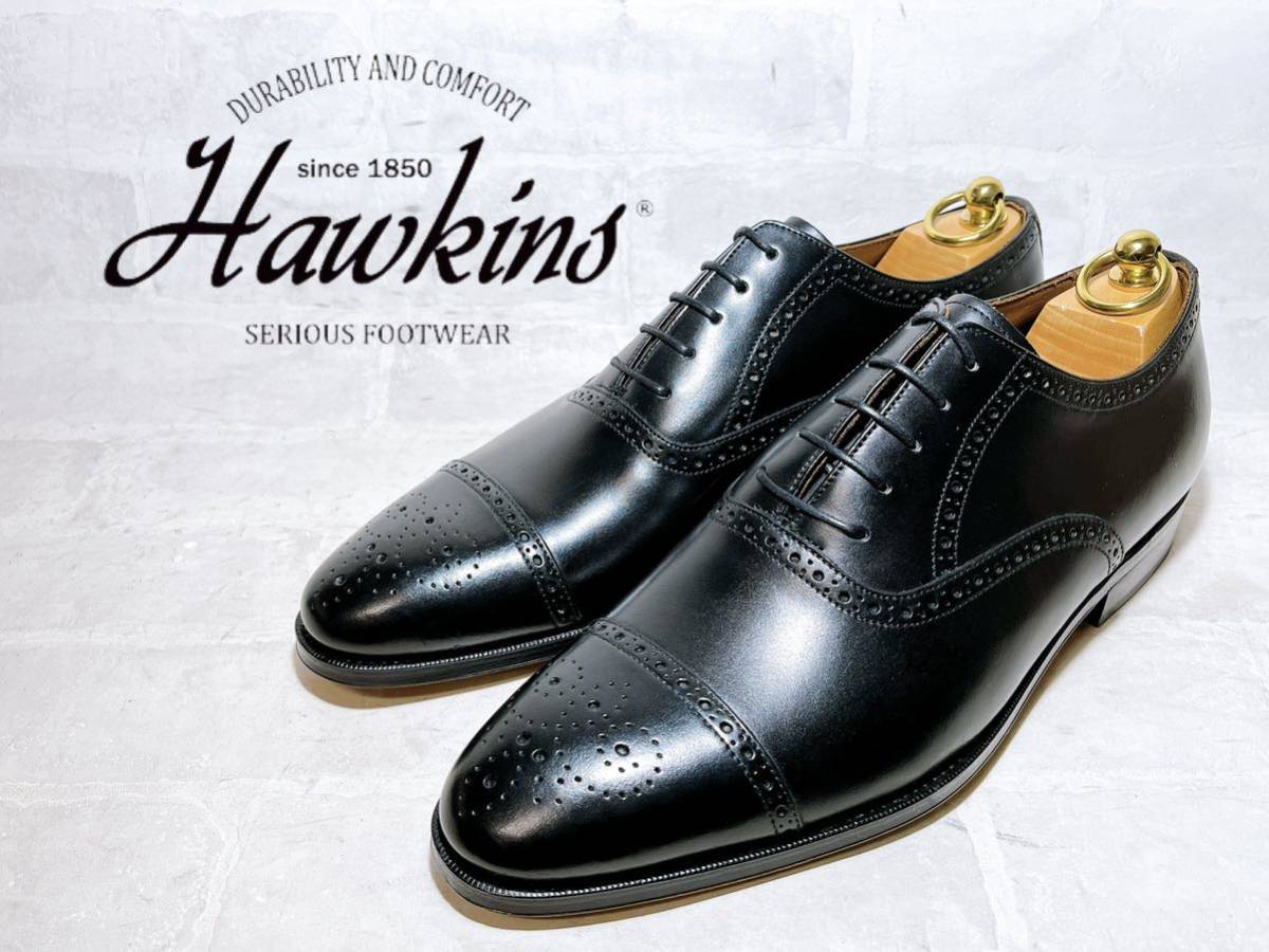 【未使用】Hawkins ホーキンス 上質 セミブローグ ビジネスシューズ 本革 革底 レザーソール 黒 UK8.5（約27cm）_画像1