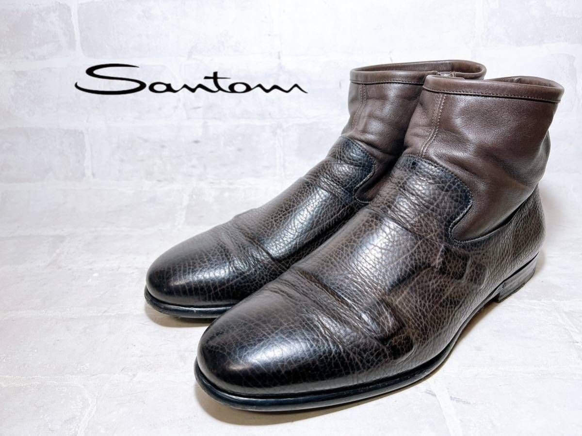 数回着【極美品】SANTONI サントーニ 高級 サイドジップブーツ 本革 レザー ダークブラウン UK8.5（約27cm）イタリア製