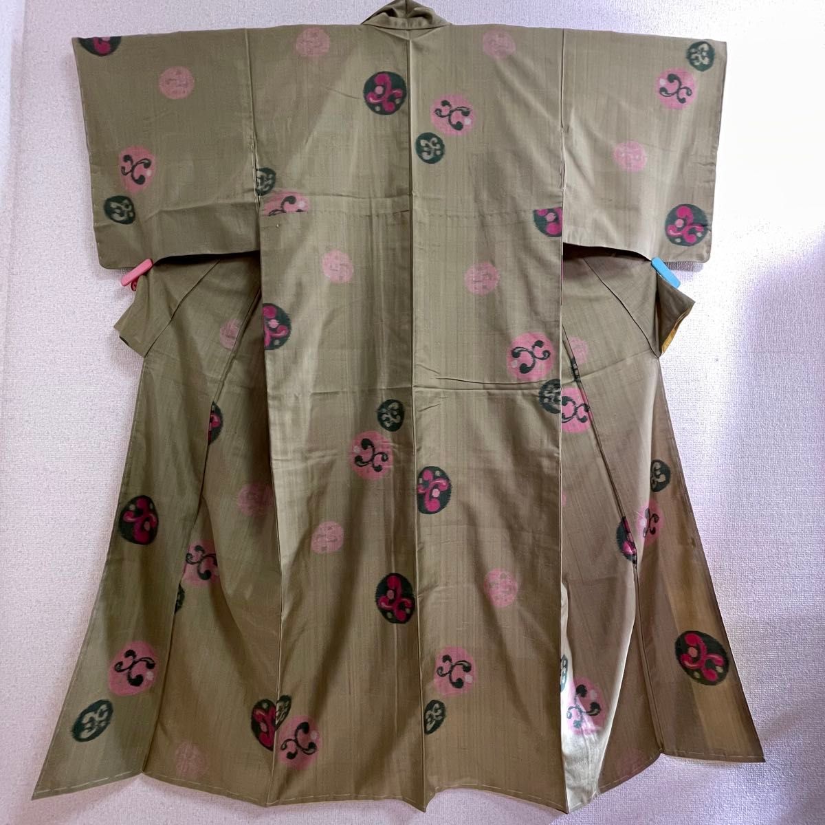 袷 正絹 小紋 大正ロマン 裄63cm 緑 和服  和装 きもの kimono