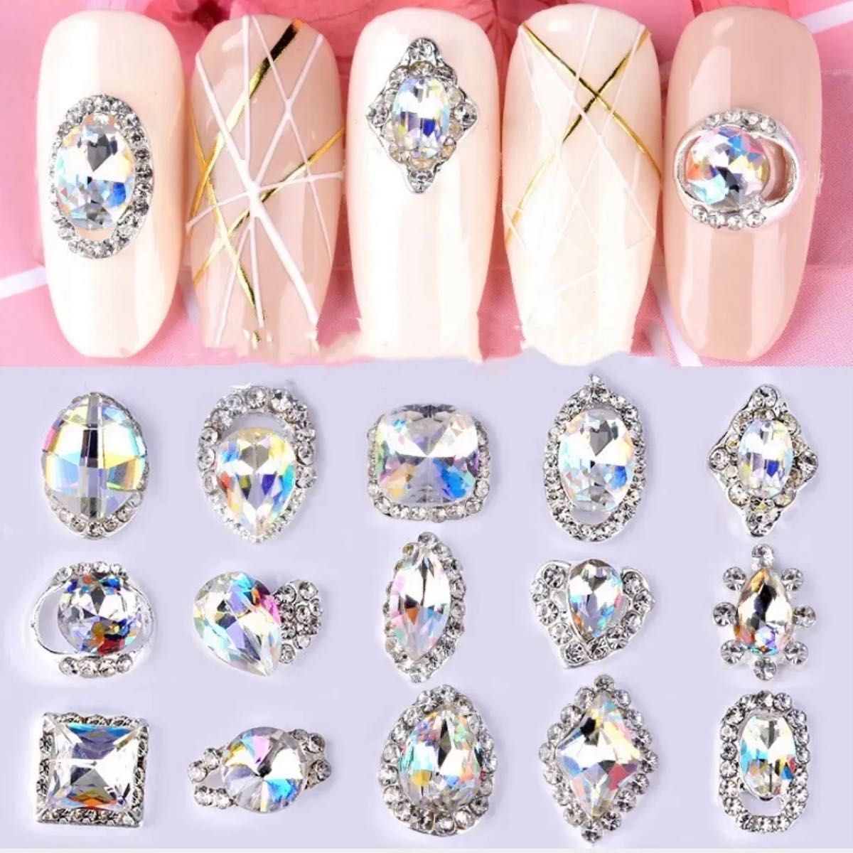 【16pcs】16種類×1 ダイヤモンド ネイル パーツ ジェル しずく リボン ビジュー ストーン ラインストーン 宝石