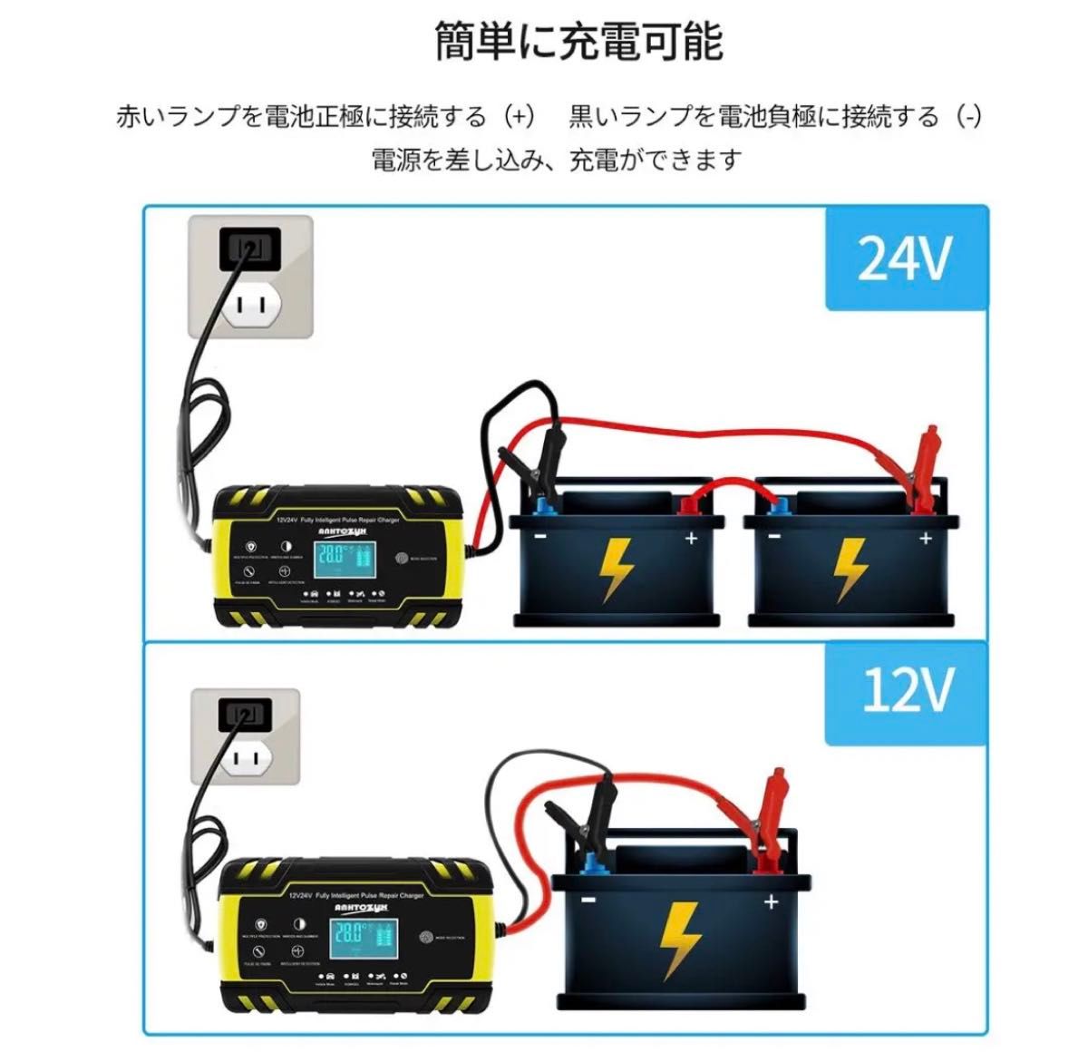 バッテリー充電器 バイクバッテリー充電器 12V/24V LEDランプ逆接続/ショート/過電圧/過電流保護 