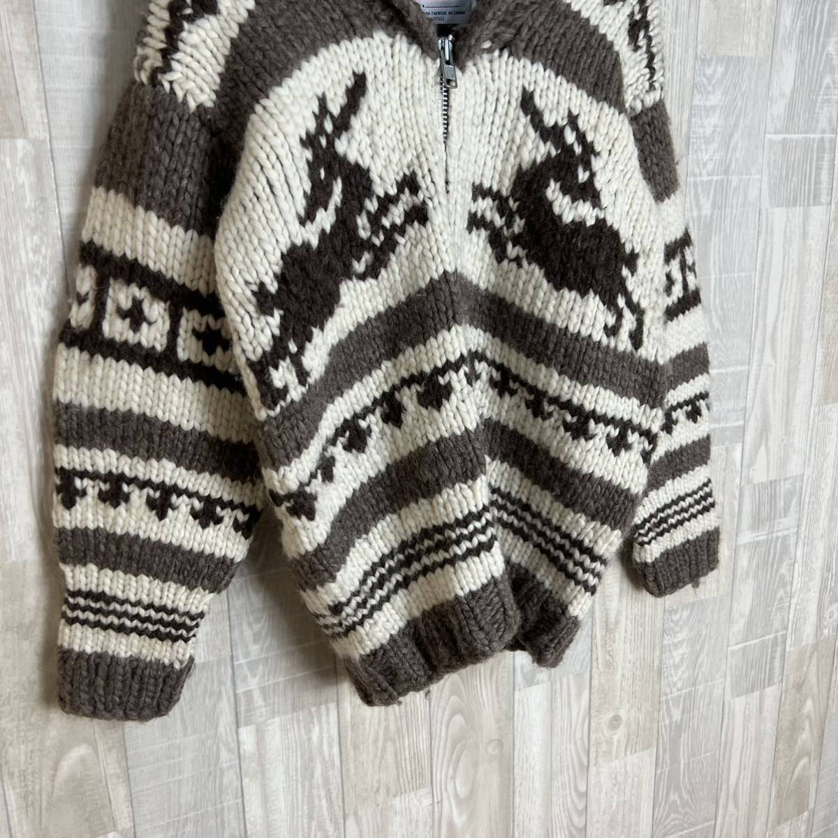 M3323 カナダ製カウチンニット　実寸Lサイズ相当　ウール100％　毛100％　カナダ製　native indian knit トナカイ柄　ジップアップ_画像5