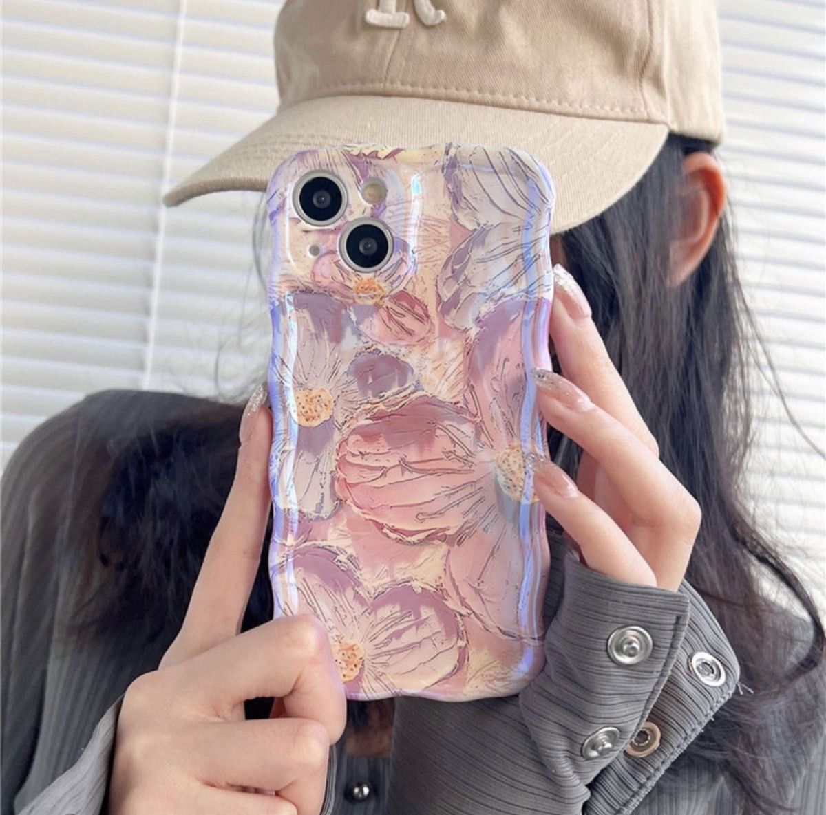 iPhone 15pro ケース 花柄 ブルー  油絵風 立体感 おしゃれ