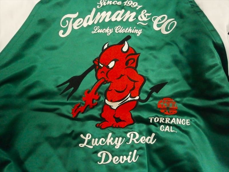 テッドマン TEDMAN スカジャン TSK-059 総刺繍「LUCKY RED DEVIL」リバーシブル・スカジャン グリーン/ネイビー 42(L)サイズ 新品_画像2