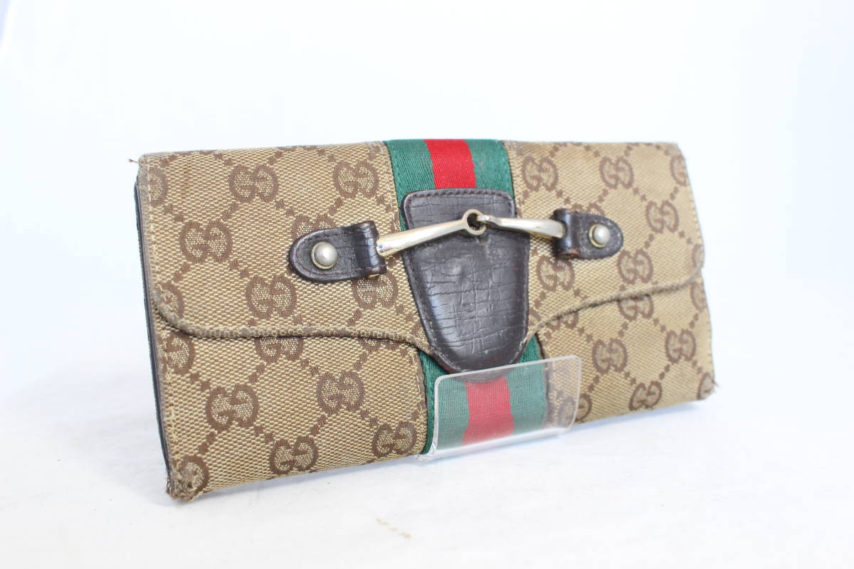 GUCCI　グッチ　ホースビット　GGキャンバス　シェリーライン 　ヴィンテージ シルバー金具 Wホック長財布