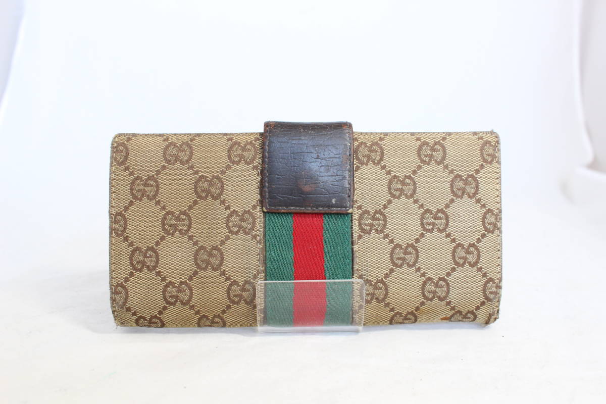 GUCCI　グッチ　ホースビット　GGキャンバス　シェリーライン 　ヴィンテージ シルバー金具 Wホック長財布