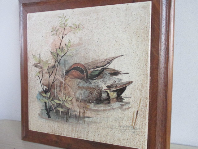 イタリア◆ヴィンテージ 野鳥の陶板画　LEGNO HOLZ WOOD BOIS　カッティングボード型 壁掛け　カモ_画像4