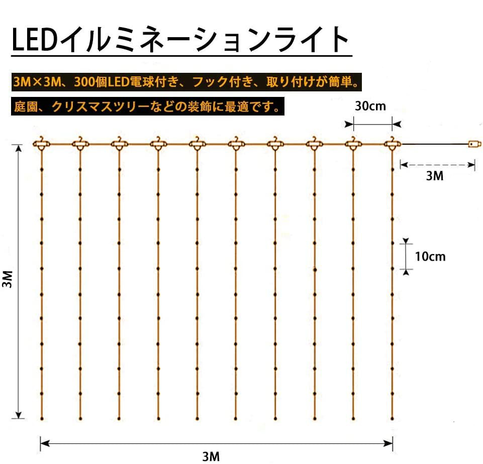 イルミネーションライト 300LED 3m×3ｍ カーテンライト 300球 クリスマスライト 防水 8種類の切替モード リモコン付き_画像6