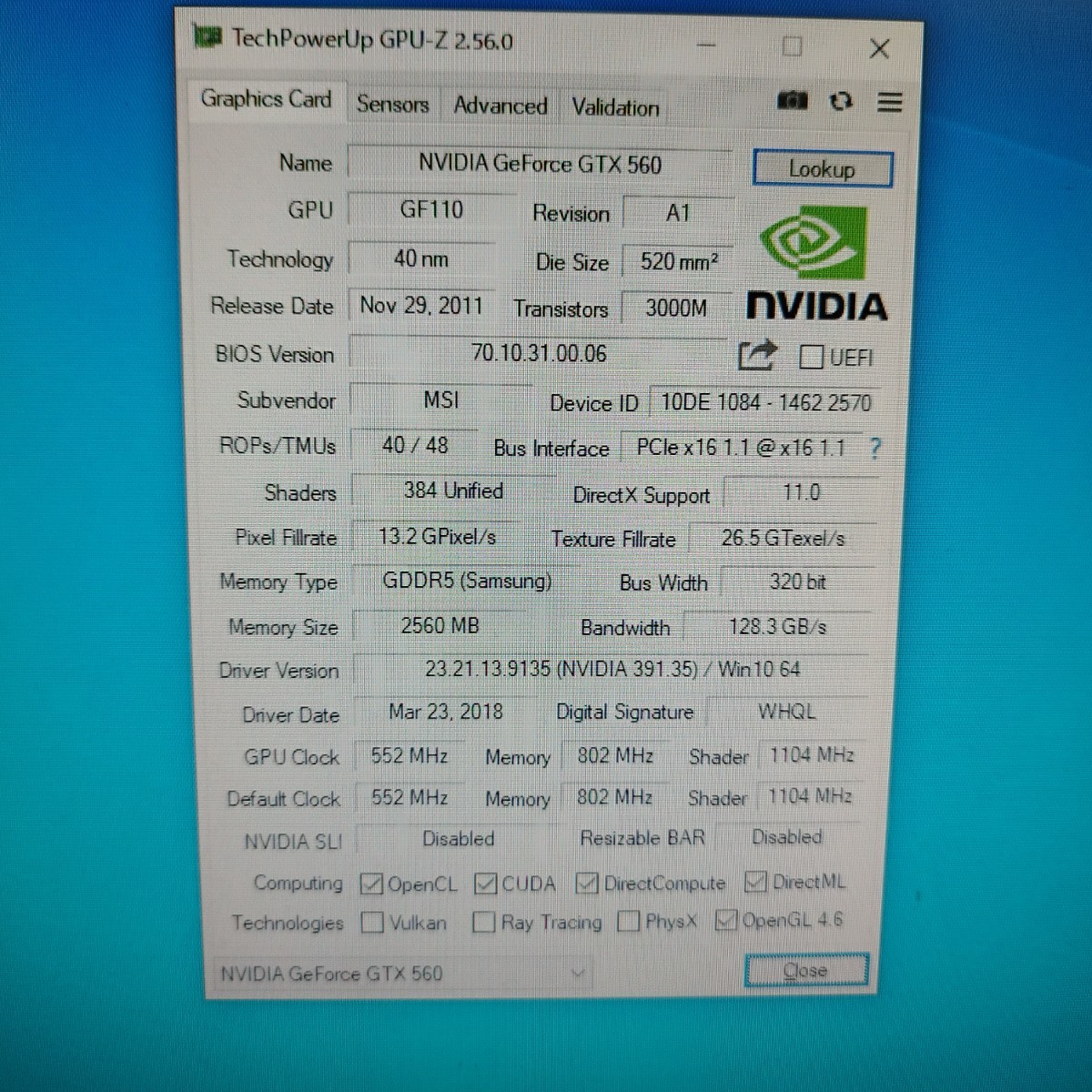 動作確認済み GeForce GTX560 2.5GB グラフィックボード GDDR5 NVIDIA DVI HDMI DP MSI製 6pin*1_画像4